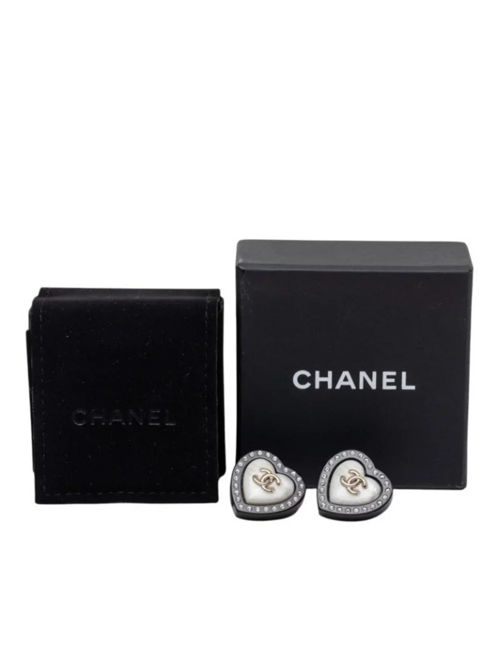 Chanel CC Logo Stud Earrings Heart Black Gold Rhinestone Plated
